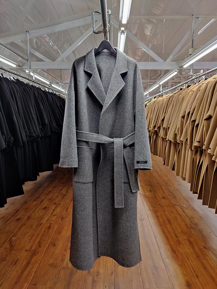 2021 Korea Autumn And Winter New Woolen Overcoat Women X-Long Loose Lacing Belt Black Gray Double Sided 100% Wool Coat Jacket