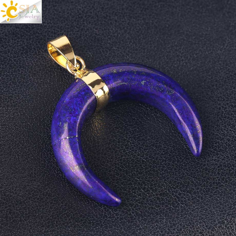 CSJA Natural Stones Crescent Moon Necklaces Pendants Purple Crystal Pink Quartz White Stone Gold Color Reiki Women F306