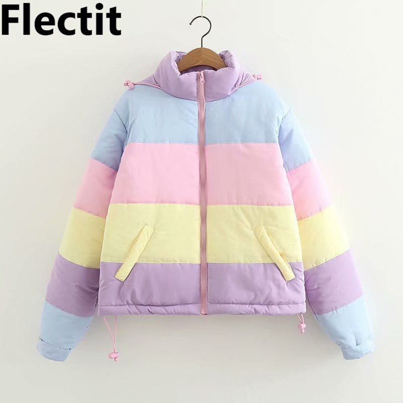 Flectit Pastel Puffer Jacket Thick Warm Padded Parka Coat Women Winter Harajuku Aethetic Girl Outifts Lazy O*f