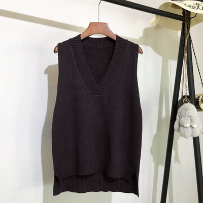 Autumn Women's Sweater Vest V-neck Sleeveless Irregular Casual Loose Knitted Pullover Tops Female Outerwear