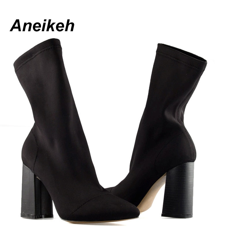 Aneikeh Slim Stretch Ankle Boots for Women Pointed Toe Sock Boots Square High Heel Boots Shoes Woman Fashion Bota Feminina 41