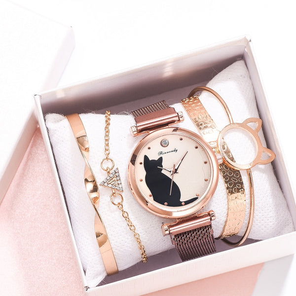 Fashion Watch Set Women 5pcs Quartz Wristwatch Mesh Bracelet Cat Dial Luxury Woman Watch Casual Ladies Clock Relogio Femenino