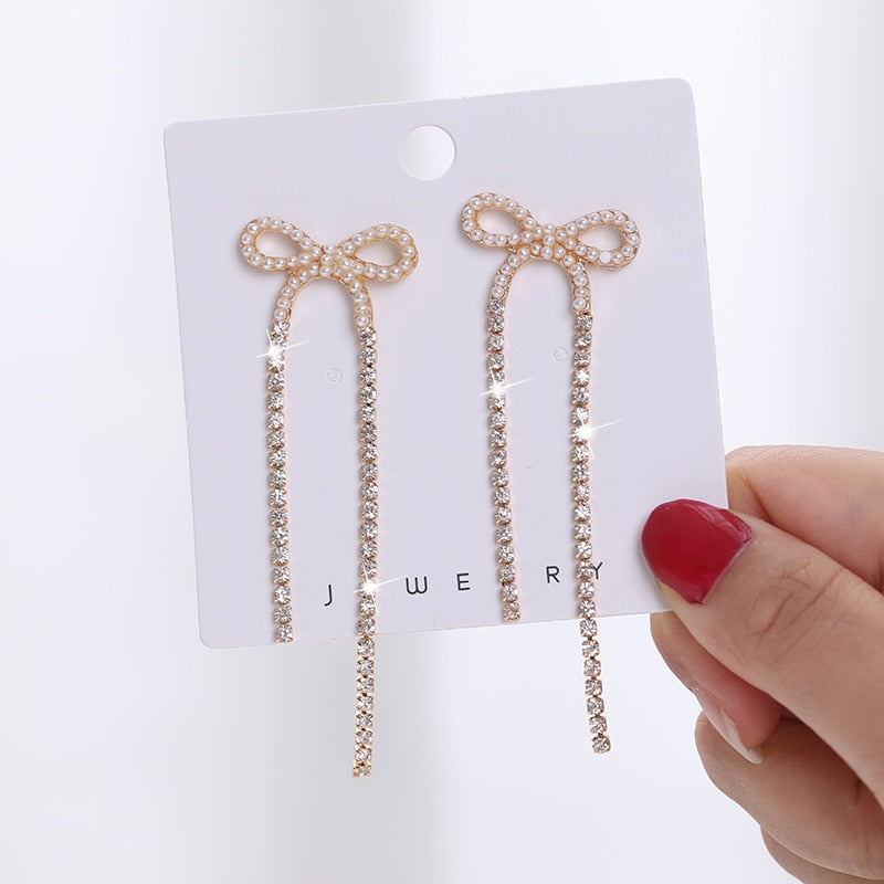 Long Earrings Women Bow Tassel Earing Front and Back Crystal Bowknot Drop Female Temperament  Butterfly Earrings