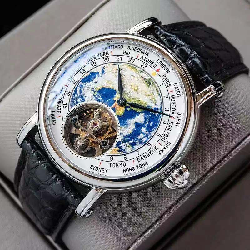 Sugess Earth Art Enamel Dial Seagull ST8000 HandWind Movement Genuine Tourbillon Watch Luxury Business Mens Wristwatch Sapphire