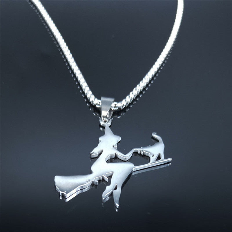 Witch Broom Cat Stainless Steel Necklace Women Witchcraft Silver Color Witches&