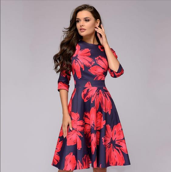 Hirigin Women Retro Tunic 3/4 Long Sleeved Floral Print Bodycon Dresses Vintage Dress Elegant Ladies Dress Party Dress