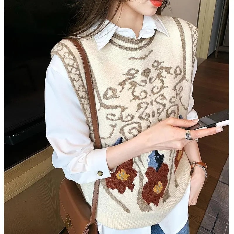 Large Size 3xl Flower Pattern Knitted Vests Women New Vintage Sleeveless Sweaters Casual Chic Loose O-neck Pullover Waistcoats