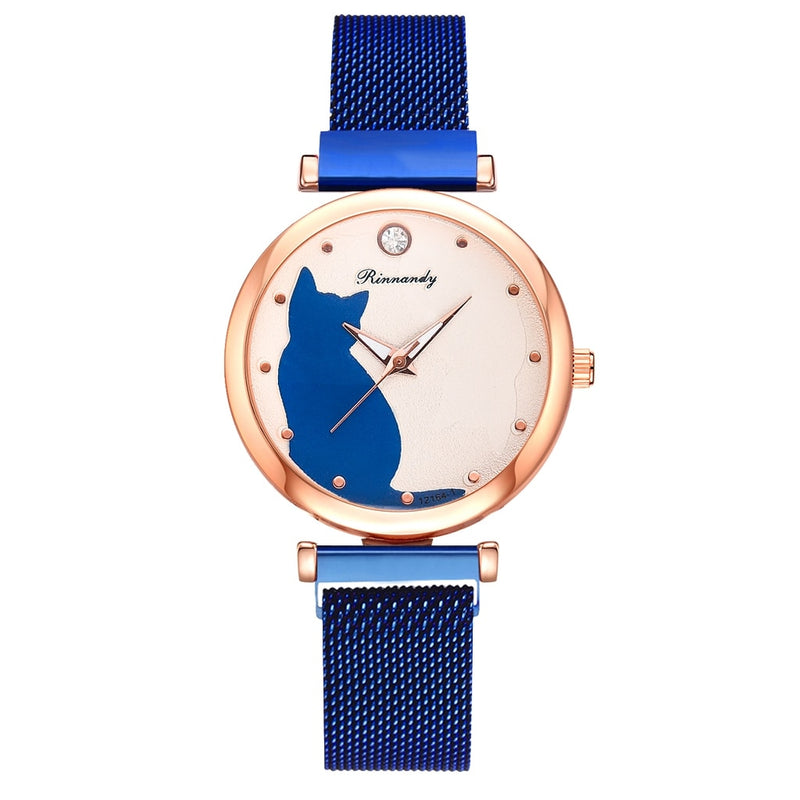 Fashion Watch Set Women 5pcs Quartz Wristwatch Mesh Bracelet Cat Dial Luxury Woman Watch Casual Ladies Clock Relogio Femenino