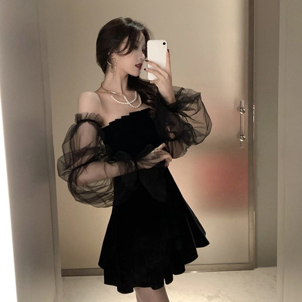 Fashion Mesh Stitching Bubble Sleeve Dresses Women Spring &Autumn Strapless Waist Puffy Dress Black