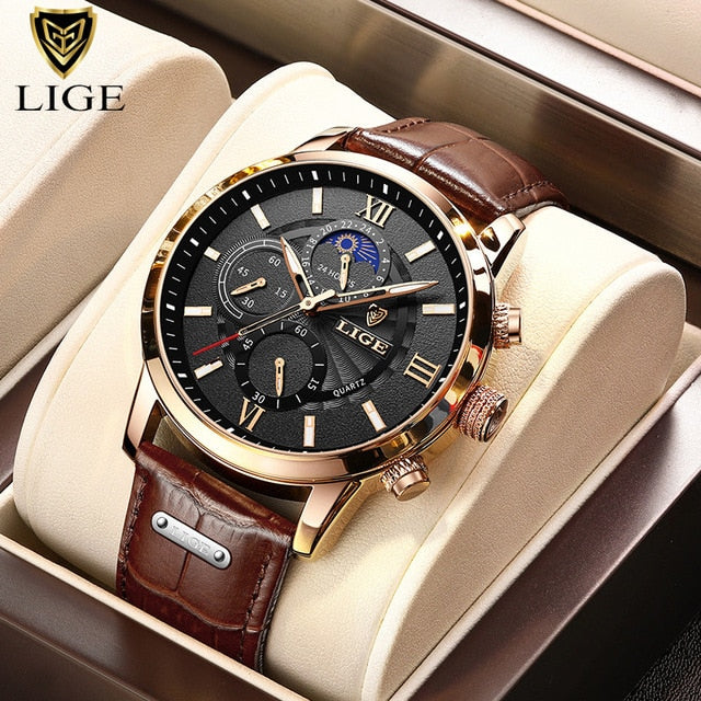 2022 New Mens Watches LIGE Top Brand Luxury Leather Casual Quartz Watch Men&