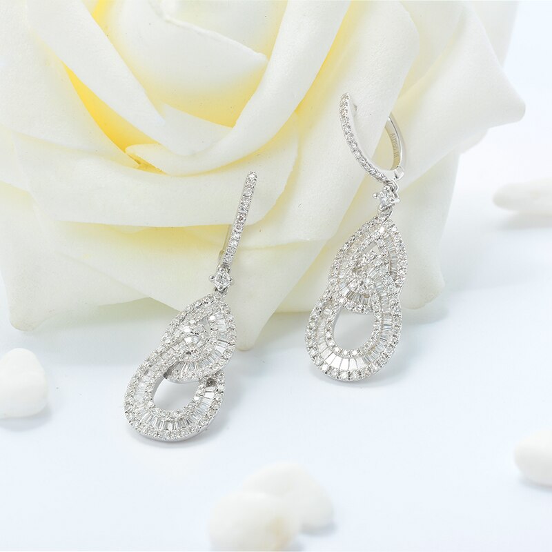 AEAW Luxury Diamond Drop Earrings Real 18k White Gold Natural 1.2cttw Halo Diamond Wedding Earrings For Women