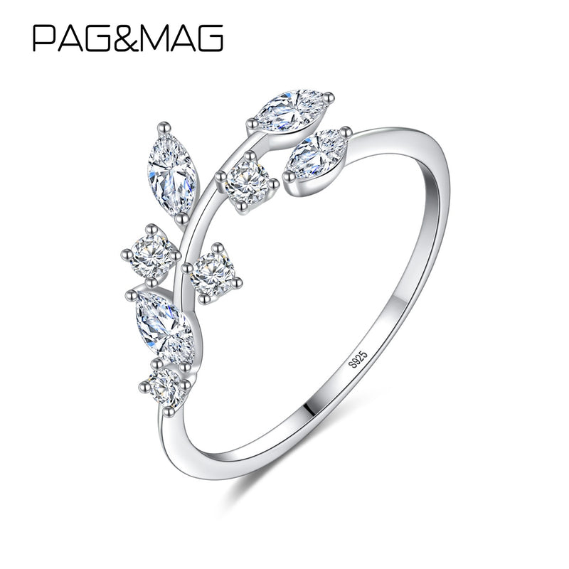 PAG&amp;MAG Silver Olive Leaf Zircon Finger Rings For Women 925 Sterling Silver Rings Femlae Fashion Jewelry Wedding Band Rings