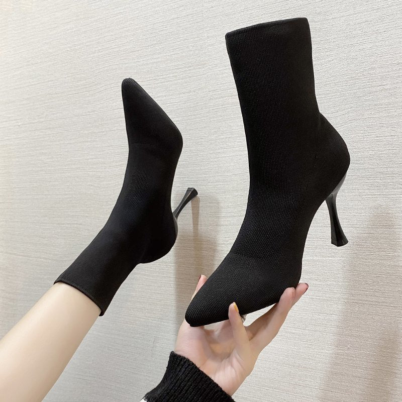 Aphixta 9cm 7cm 5cm Stretch Fabric Socks Boots Women Black Shoes Elegant Pointed Toe Knitting Elastic Ankle Boots for Women