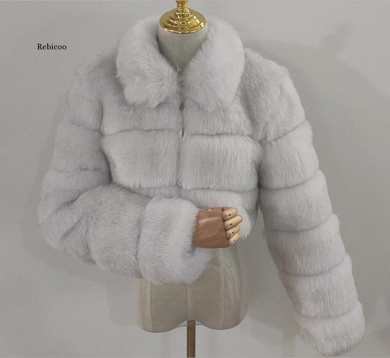 Cropped fur coat Woman's thick Fox Fur Coat Short Winter Style Fashion Women Furry Jacket Faux Fur Top