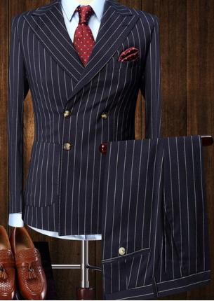 Mens Suits 2 Pieces Vintage Double Breasted Suit Navy Blue Stripe Terno Slim Fit Large Lapels Wedding Groom Tuxedo Tailcoat Men