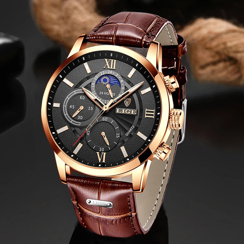 2022 New Mens Watches LIGE Top Brand Luxury Leather Casual Quartz Watch Men&