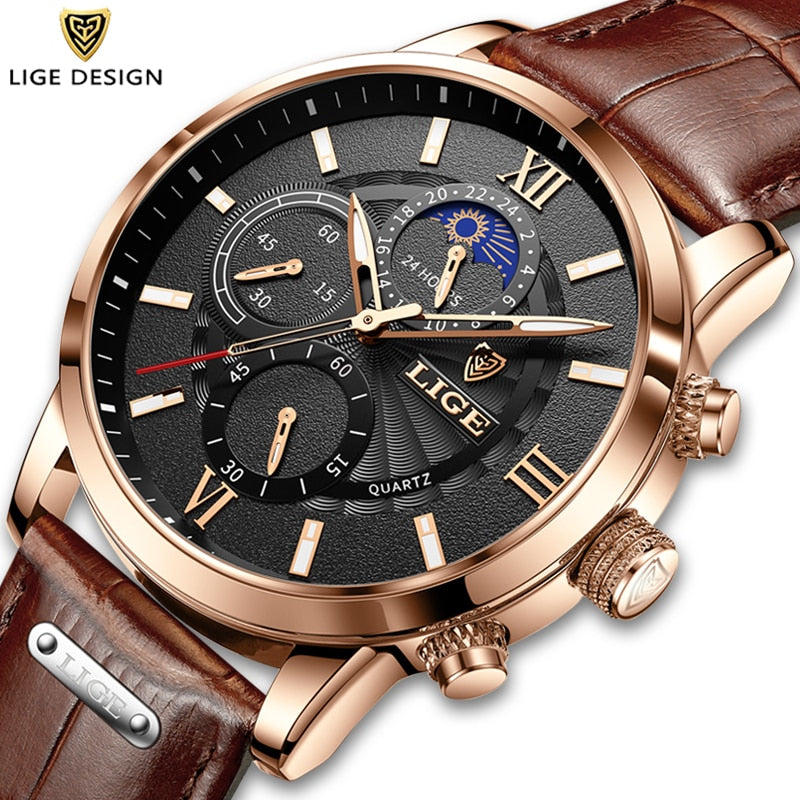 2022 New Mens Watches LIGE Top Brand Luxury Leather Casual Quartz Watch Men&