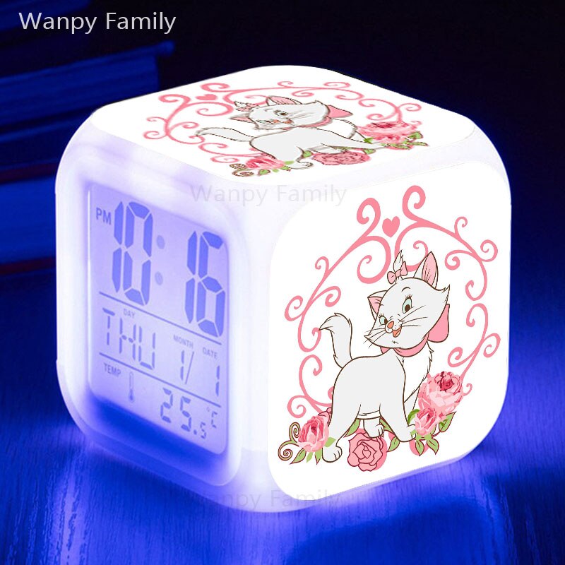 Cute Marie Cat Alarm Clock 7 Color Glowing LED Digital Clock Kids Room Touch Sensing Small Night Lamp Desk Clock Gift For Child