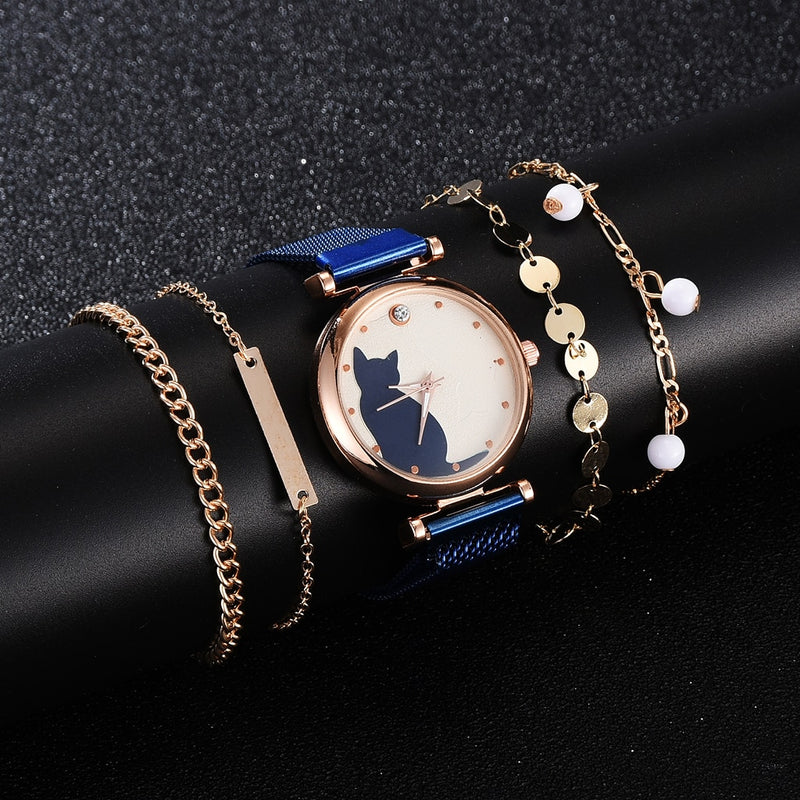 Fashion Watch Set Women 5pcs Quartz Wristwatch Mesh Bracelet Cat Dial Luxury Woman Watch Casual Ladies Clock Relogio Femenino