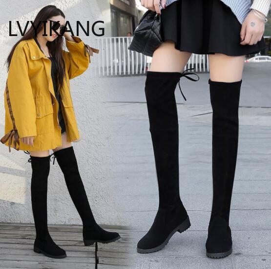 NAUSK Thigh High Boots Female Winter Boots Women Over The Knee Boots Flat Stretch Sexy Fashion Shoes 2018 Black Botas Mujer