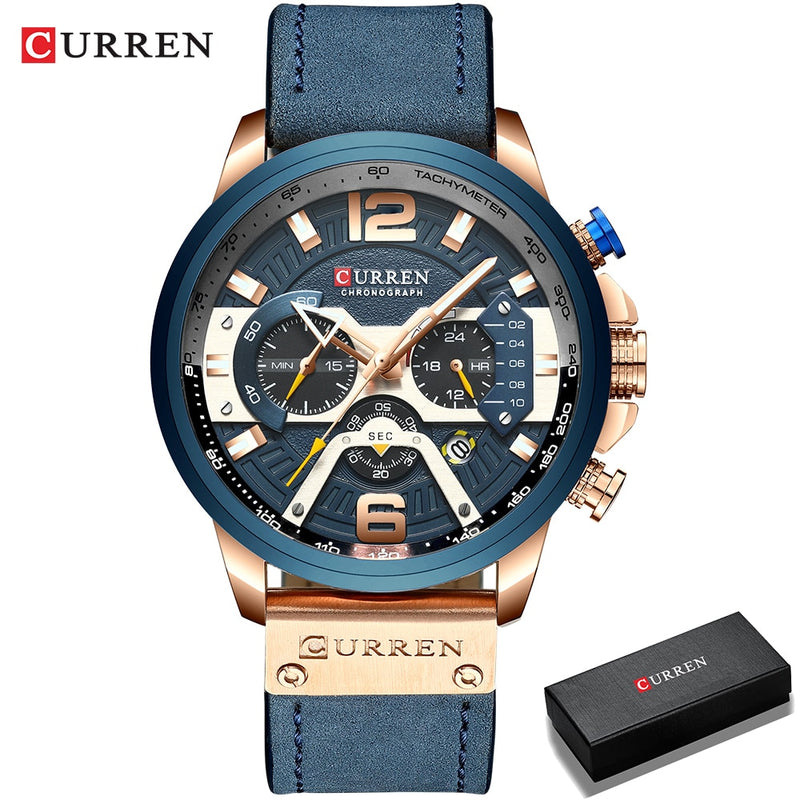 2021 CURREN Men Watches Top Brand Luxury Blue Leather Chronograph Sport Watch For Men Fashion Date Waterproof Clock Reloj Hombre