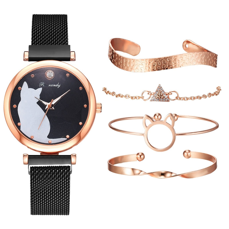 Fashion Watch Set Women 5pcs Quartz Wristwatch Mesh Bracelet Cat Dial Luxury Woman Watch Casual Ladies Clock Relogio Femenino