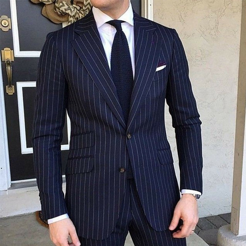 Pinstripe Slim Fit Men Suits for Formal Wedding Tuxedo Notched Lapel 2 Piece Navy Blue Striped Business Groom Male Fashion