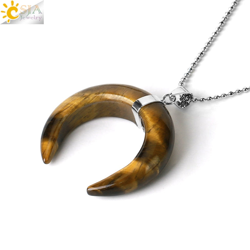 CSJA Natural Stones Crescent Moon Necklaces Pendants Purple Crystal Pink Quartz White Stone Gold Color Reiki Women F306