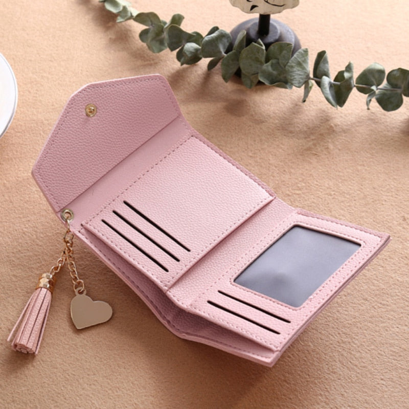 2022 Fashion Small Wallet Women Purse Simple Short Soft Pu Leather Ladies Wallet Card Holder Tassel Patchwork Tri-fold Wallet