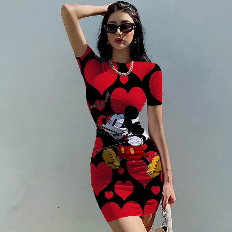 Disney Mickey Mouse Woman Dresses Elegant Dress Office Tight Slim Lady O Neck Summer Casual Cartoon 3D print Mini Dress Vestidos