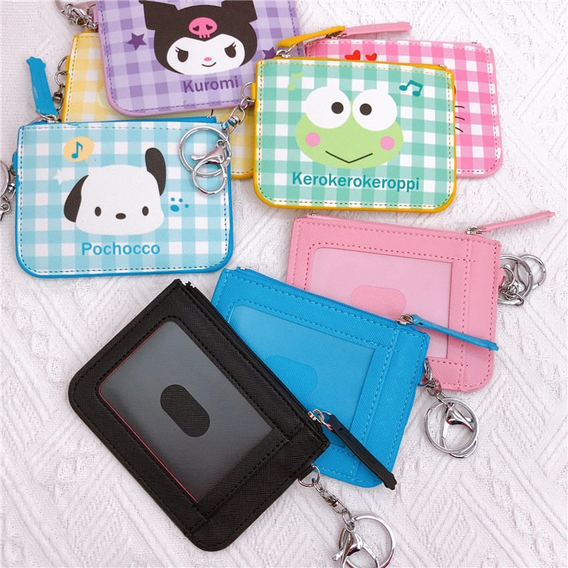 Kawaii  Sanrio Cartoon Bag Cinnamoroll Melody Pachacco Pom Pom Purin Kuromi Leather Card Holder Cute Coin Purse Keychain Pendant