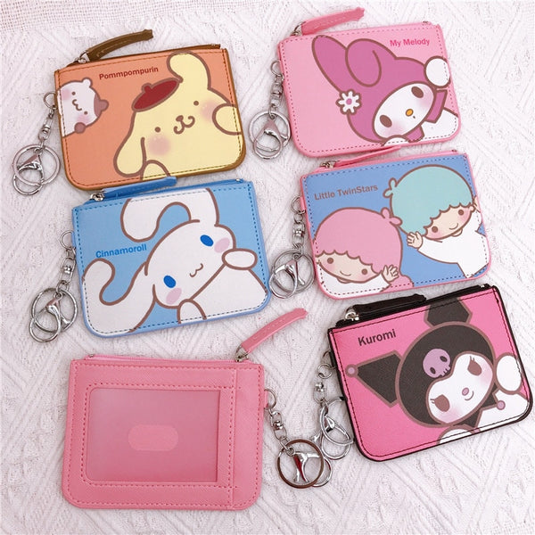 Kawaii  Sanrio Cartoon Bag Cinnamoroll Melody Pachacco Pom Pom Purin Kuromi Leather Card Holder Cute Coin Purse Keychain Pendant