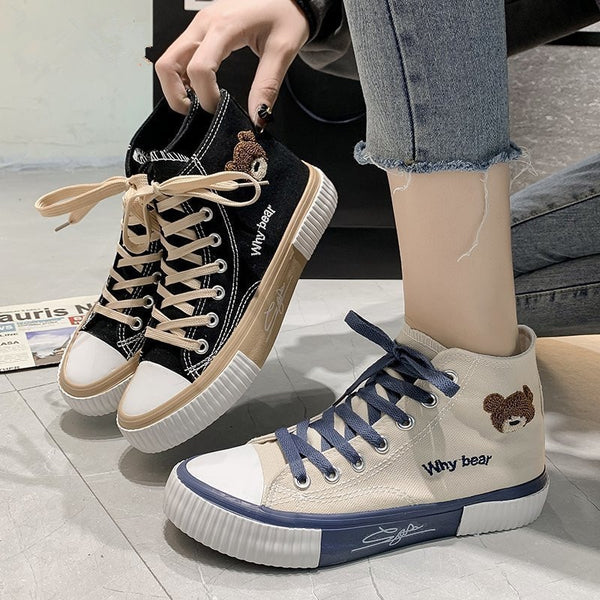 2022 Spring Summer Fashion New Bear Women Canvas Shoes High-top Canvas Shoes Lace Up Casual Sneakers Female Off White Shoes