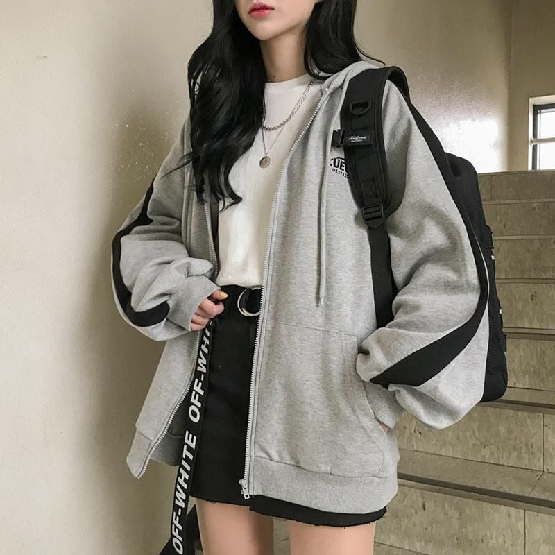 Women Harajuku Solid Color Hoodies Autumn Casual Long Sleeve Sweatshirts Coat Female Korean Version Zipper Pocket Hooded Jacket