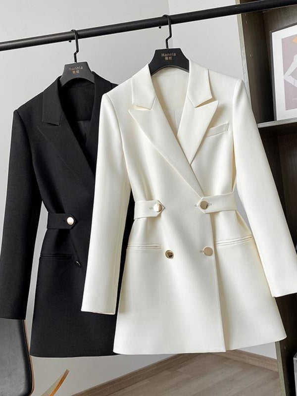 White Women‘s Suit Jacket Autumn Fashion Chic Double Breasted Slim Suits with Belt Vintage Office Blazer for Women Elegant 2022