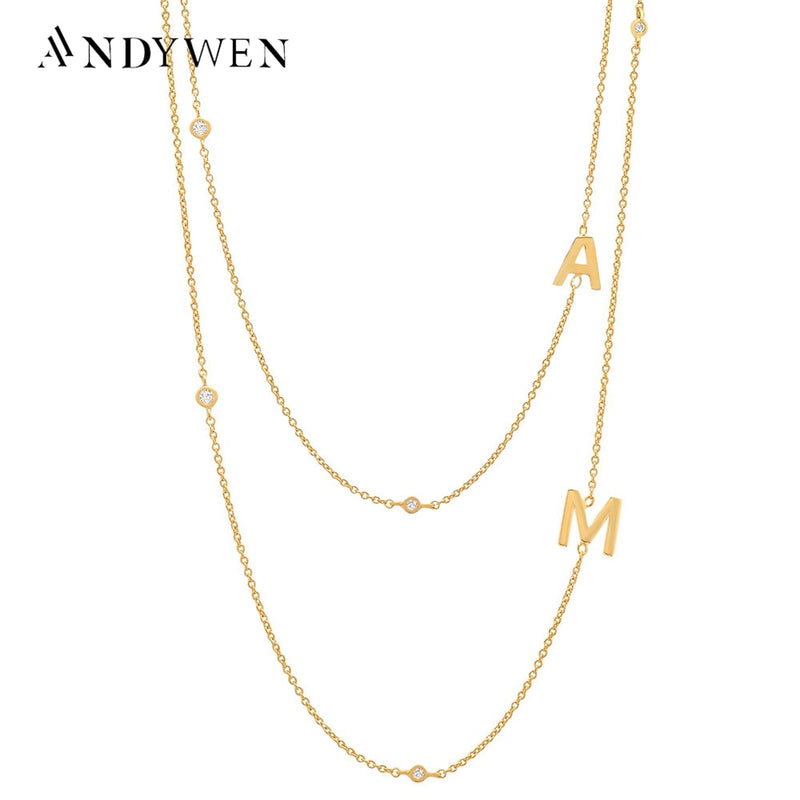 ANDYWEN 925 Sterling Silver Gold Letter Plain Pendant Choker Charm Initial A M Necklace 26 Letter Women Fine Jewelry Alphabet