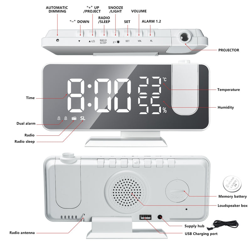 LED Digital Smart Alarm Clock Electronic Desktop Clocks USB Wake Up Clock with FM Radio 180° Time Projection Snooze