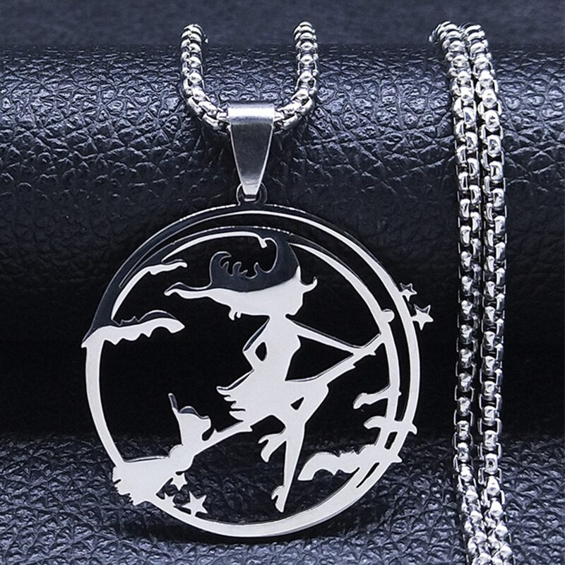 Witch Broom Cat Stainless Steel Necklace Women Witchcraft Silver Color Witches&