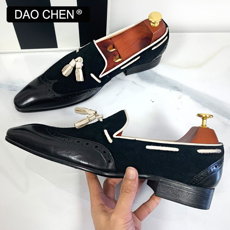 ITALIAN MEN'S CASUAL SHOES BLACK COFFEE MIXED COLOR WINGTIP ELEGANT DRESS SHOES WEDDING OFFICE GENUINE LEATHER LOAFERS MEN SHOES