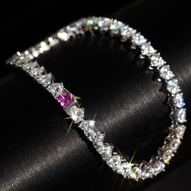 New product fashion jewelry gift 18K white gold pink sapphire heart cut moissanite diamond tennis bracelet