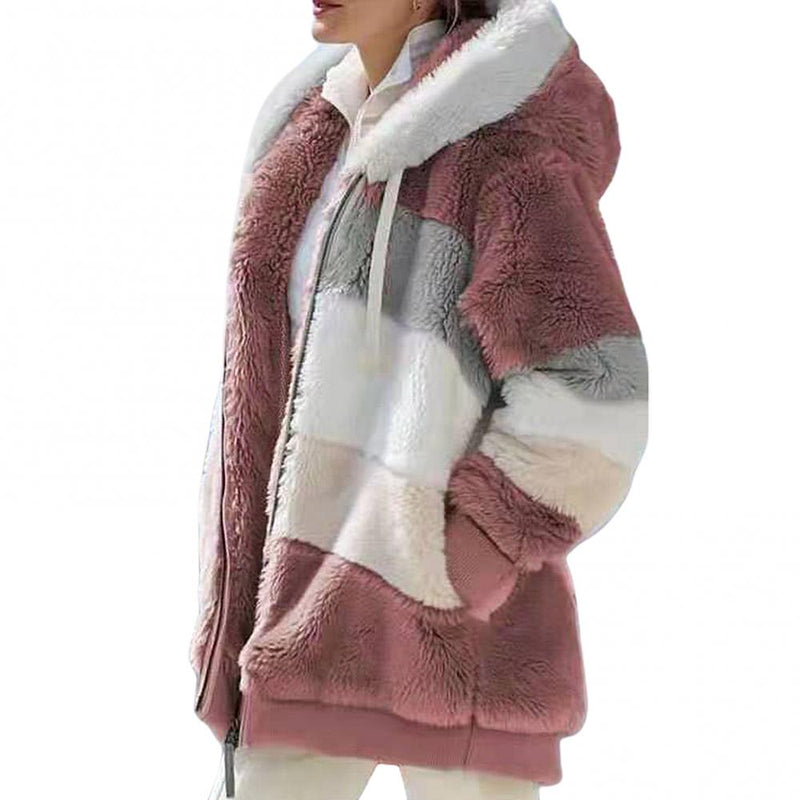 Jacket Autumn Winter Long Sleeve Warm Women Color Block Zipper Fluff Hooded Coat Jacket