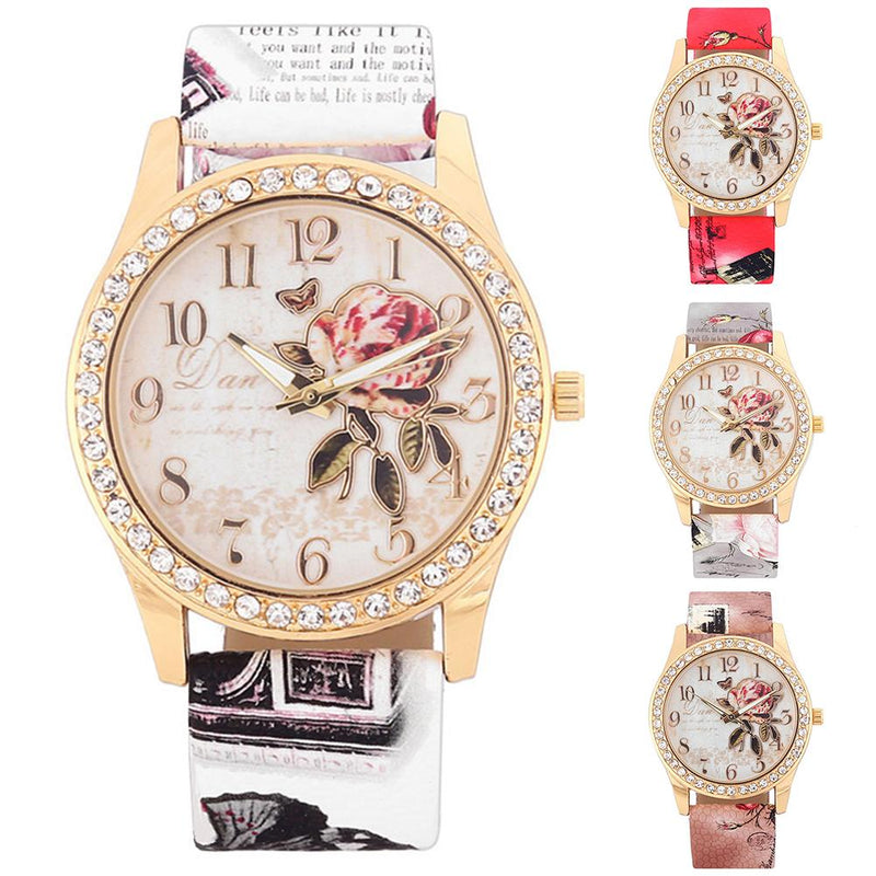 Fashion Women Rhinestone Quartz Watch Print Rose Pattern Dial Ladies Watch Leather Strap Women Wrist Watch Reloj  Montre