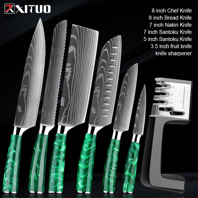 XITUO 8&quot; Professional Chef Kitchen Knife Sharp Stainless Steel Cleaver Laser Damascus Pattern Vegetable Santoku Tool 1-5PCS/SET