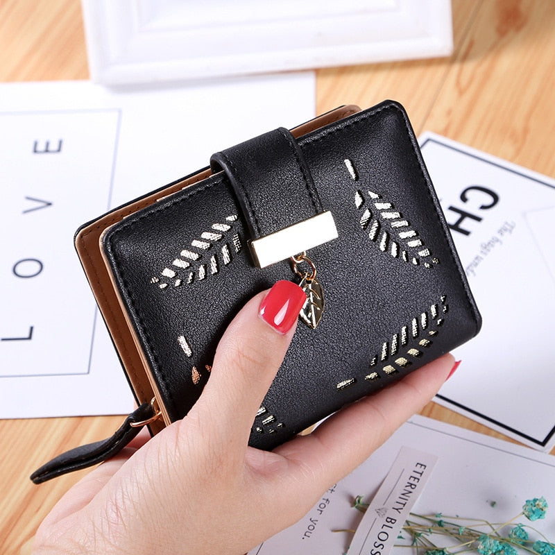 EXBX Women Wallet Hollow Golden Leaf Buckle Wallet PU Leather Purse Female Long Wallet for Women Coin Purse Card Holders Clutch