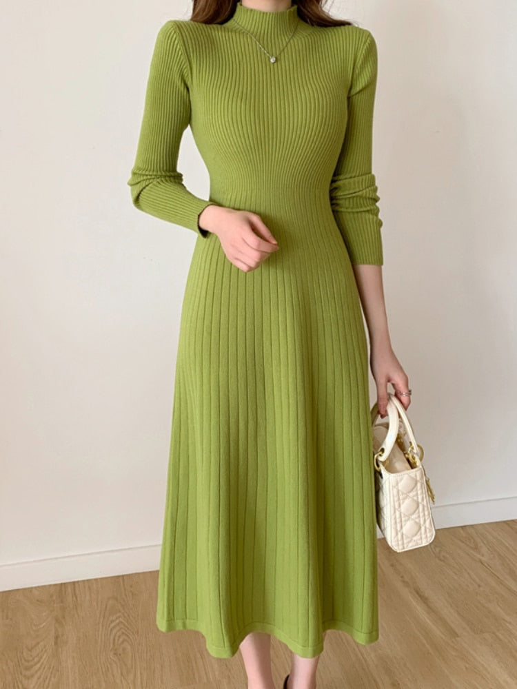 Autumn Winter 2022 Slim Long Sleeve Party Midi Dress for Women Knitted Half High Collar Elegant Knitted Sweater Dresses Ladies