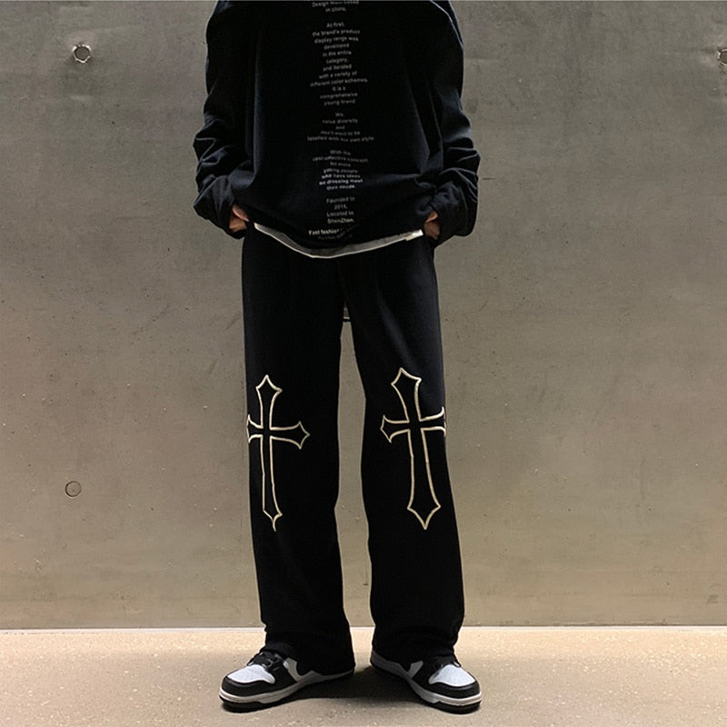 Men Black Vintage Pants Jogging Loose Sweatpants Harajuku Punk Printing Casual Trousers Wide Leg Pants Oversized Male Clothing