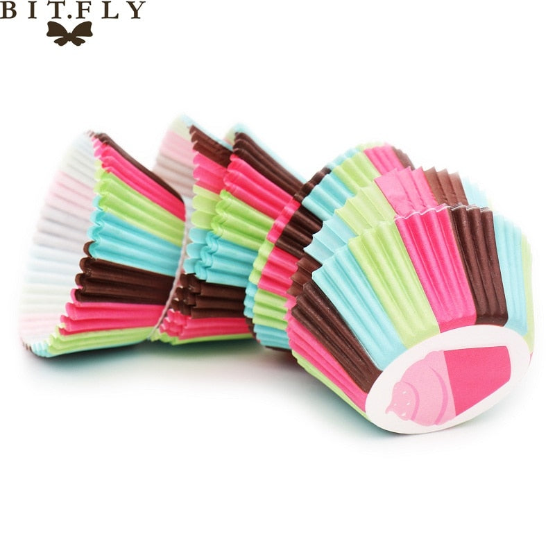 BITFLY 100Pcs Rainbow Cupcakes Paper Liners Muffin Cases Cupcake Topper Tray Baking Accessories Pastry Decoration Kitchen Tools