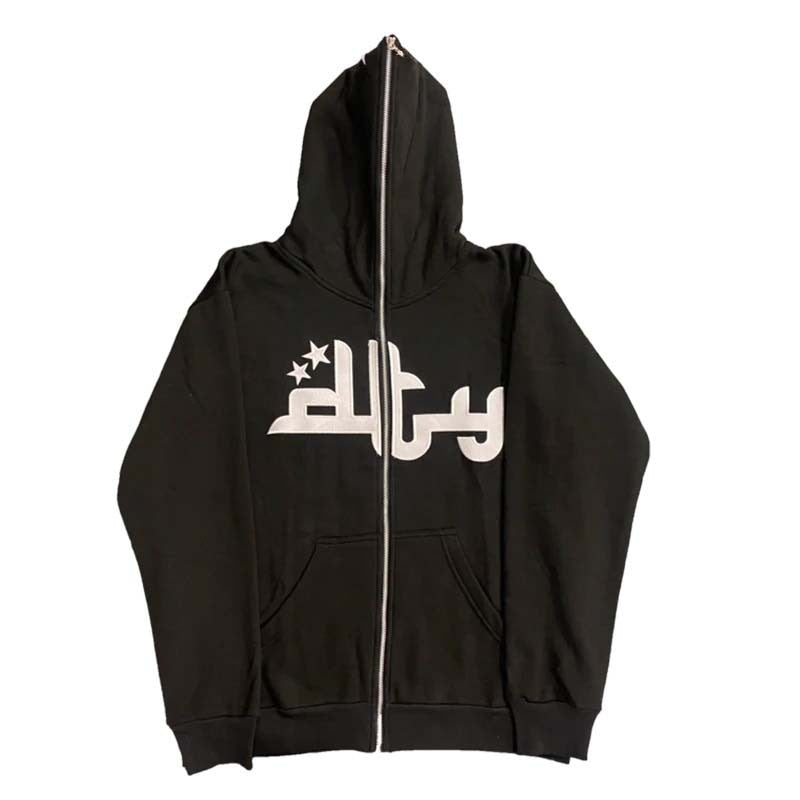 Y2K Embroidered Print Hoodies Men's Fashion Oversized Full Zip Up Hooded Sweatshirt Hip Hop Long Sleeve Jacket Coat Streetwear