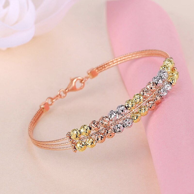 Luxury Glitzy 2 Layer Bead Laser Carved 18k True Real Solid Gold Bracelet Bangles For Women Upscale Wedding Anniversary Jewelry