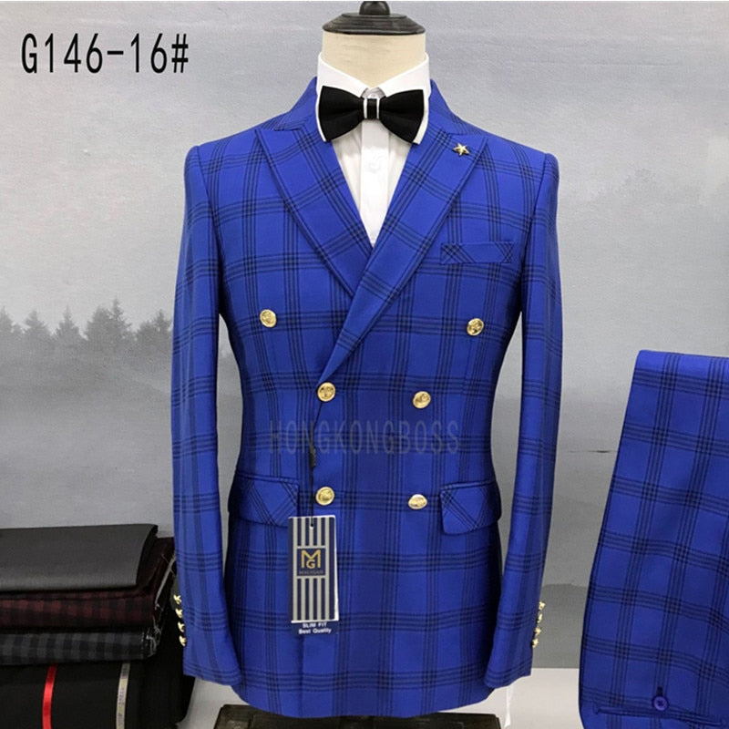 Men Double Breasted Suit Trousers / 2022 Business Formal Dress Slim Fit Groomsmen Groom Wedding Dress Plaid Blazers Jacket Pants